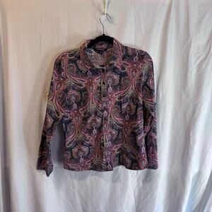 👚 Chadwicks Navy Paisley Button Up Blouse with Collar, Size 12